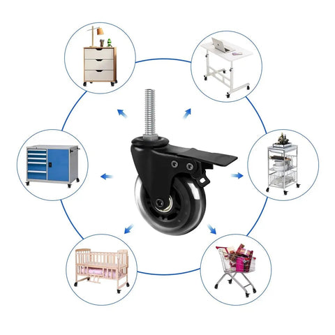 Three Inch Caster Wheels Set Of Four Heavy Duty Casters With Two Brakes And Two Swivel Casters shown with usage on furniture and carts.