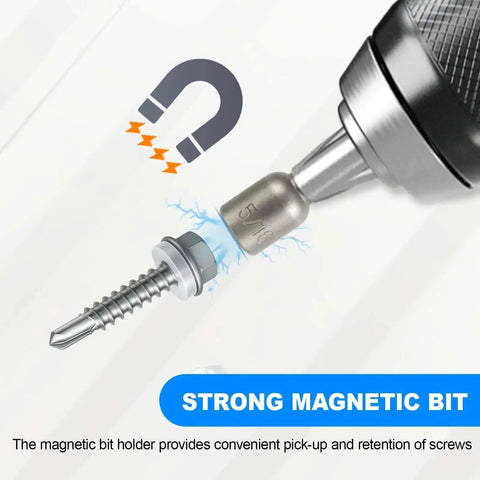 Magnetic bit holding a self-tapping screw from 300 Piece Self Tapping Screws Assortment Kit Self Drilling For Metal Sheet Metal Screws