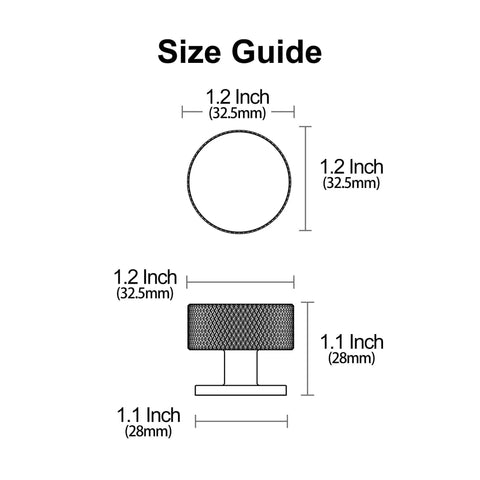 Diagram of Matte Black Cabinet Knobs 15 Pack 1.2 Inch Knurled Round Kitchen Knobs dimensions, showing diameter and projection sizes.
