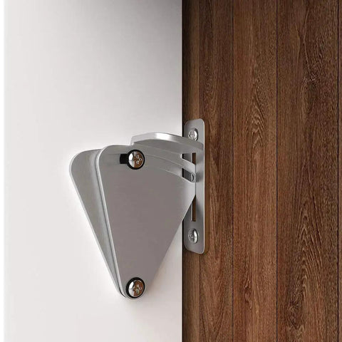 Stainless Steel Barn Door Lock Hardware Sliding Privacy Latch installed on wood surface, brushed nickel finish, durable and corrosion resistant.