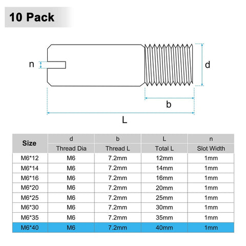 Diagram of 10 Pack M6 By 40mm Slotted Cylindrical Pin Dowel, 304 Stainless Steel External Thread Locating Pin dimensions and size chart