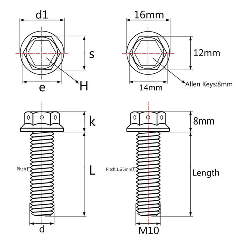 Technical diagram of Titanium Flange Hex Head Bolts M10x30mm Pack Of 4 For Bikes, Motorcycles, Cars Grade 5 6Al4V Titanium Alloy.