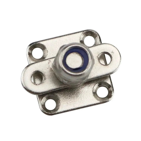 Square stainless steel damping torque hinge with four-hole mounting plate; close-up view