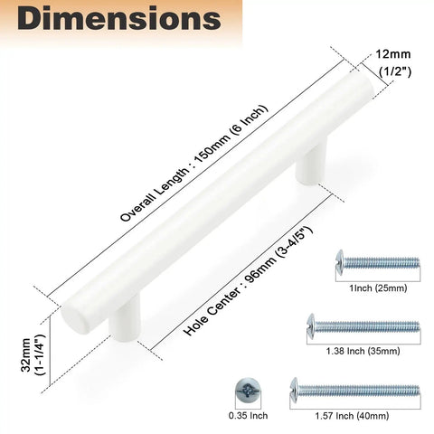 Dimensions of 20 Pack White Kitchen Cabinet Pulls 3-3/4 Inch Euro Style T Bar Handles Center To Center 96mm Hollow Construction