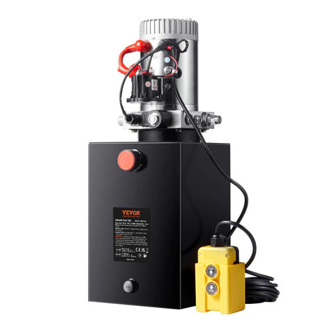 Vevor 12V DC hydraulic power unit with single-acting pump on black control box; yellow remote control.