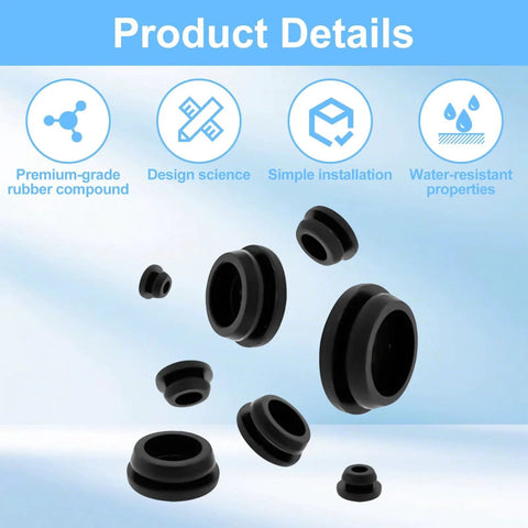 125 Piece Silicone Rubber Hole Plugs Kit Eight Size Range For Round Holes floating against a blue and white background