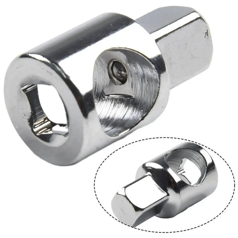 Close-up view of chrome-plated sliding rod socket adapter, 3/8 in to 1/2 in, steel ratchet sleeve for socket wrench