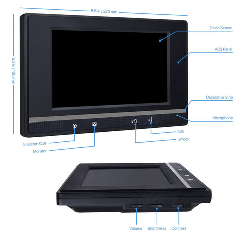 Video Doorbell Intercom System With 7 Inch Indoor Monitor and buttons for intercom call, volume, brightness, and contrast adjustment.