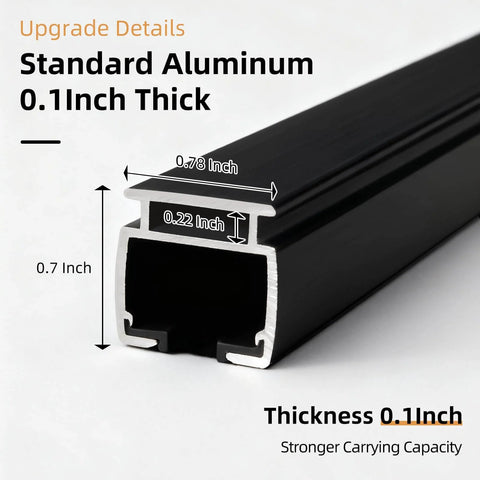 Close-up of upgraded black aluminum curtain rail, 0.1 inch thick, dimensions marked, showcasing strong carrying capacity.