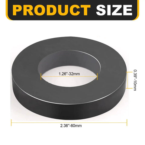 Front view of ferrite big ring magnet with hole; outer diameter 60 mm, inner diameter 32 mm, thickness 10 mm.