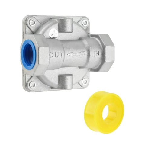 Natural Gas Pressure Regulator For Grill And Stove Lines With Three Quarter Inch FNPT Inlet, One Half Psi Inlet Pressure, Four To Ten Inches Water Column Outlet, Adjustable NG And Propane Compatible Regulator, Three Quarter Inch Pipe Fittings For Range showing inlet and outlet connections.