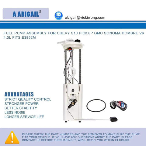 Drop In Fuel Pump Assembly Replacement For 1997 Through 2002 Chevy S10 Pickup GMC Sonoma And 1997 Through 2000 Isuzu Hombre V6 4.3L OE Grade Quality Direct Fit Reliable Fuel Delivery Replaces E3952M And Other OE Numbers shown with included components and wiring harness.