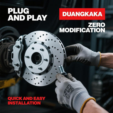 Mechanic installing a brake rotor with text about plug and play and zero modification features in a workshop setting.
