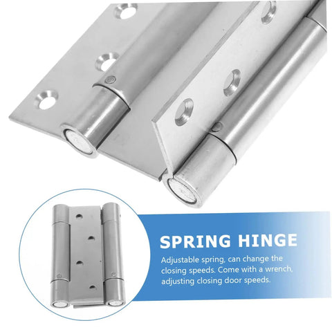 Heavy Duty Double Swing Self Closing Door Hinges for Outdoor Gates and Garage Doors Easy Install High Load Capacity Stainless Steel Spring Loaded Hinges Built to Last for Backyard Security and Weatherproof Outdoor Doors, shown in silver metal with adjustable spring mechanism.