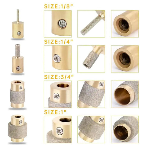 Diamond Grinder Bits Set for Stained Glass 1 3/4 Inch, 1/4 Inch and 1/8 Inch Heads with Brass Core, copper tool heads, double plated