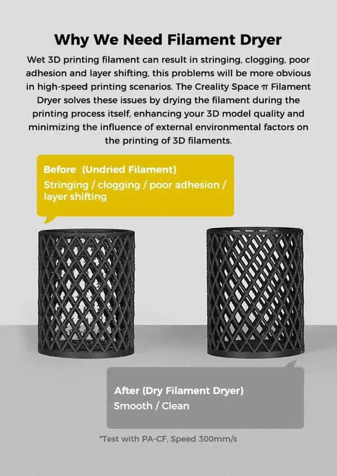 Comparison of 3D printed filament quality before and after using Space Pi Filament Dryer For 3D Printers, 360 Degree 80W PTC Dehydrator Box.