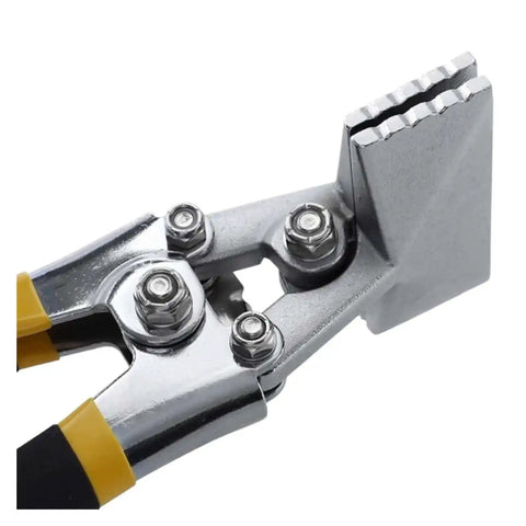 Close-up of Sheet Metal Bending Pliers Hand Seamer with Wide Jaw, Durable Nickel-Plated Steel, showing ergonomic grip and 80mm tip.