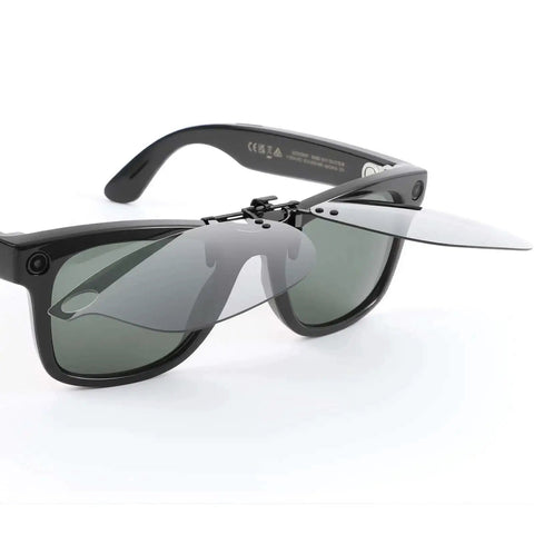 Polarized Clip On Lens For Meta Wayfarer Gen 2 Large 53 By 22 RW4008 RW4012 Shield Your Eyes From Sun Glare While You Stay Lookin Slick Cool And Fashionable Grey Discoloration Turns Black Clip On Accessory showing front view of clip-on with grey lens.