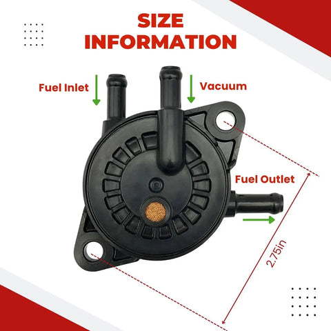 OEM Replacement Fuel Pump 12 GPH Direct Fit For Lawn Mowers And Golf Carts High Performance Electric Fuel Pump Delivers Reliable Pressure Replaces 597338 491922 557033 No Fuss Install Durable OEM Grade Replacement visible with inlets, outlets, and size information