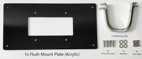 Flush Mount Plate For Whole House Surge Protection Device On Drywall, Black Acrylic Finish, Includes Mount Plate, Retaining Clips, Screws, Washers And Nuts, Compatible With Siemens FSPD060 FSPD100 And FSPD140, shown with components.