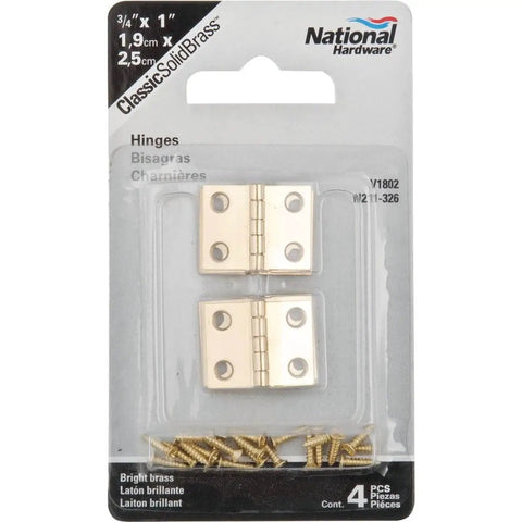 Decorative Brass Broad Hinges For Light Duty Doors Three Quarter By One Inch Surface Mount Four Pack With Four Hole Mounts Two Pound Load National Hardware Hinges in packaging