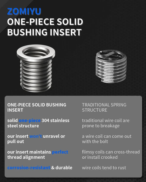 Solid bushing insert and spring structure, highlighting corrosion-resistant one-piece 304 stainless steel design and benefits.