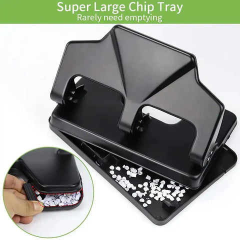 Heavy Duty Three Hole Punch For Binders, 40 Sheet Capacity, showing large chip tray filled with paper confetti under lever handle.