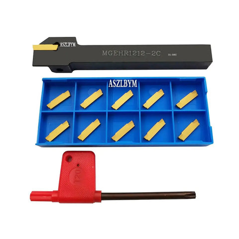12mm Shank Lathe Grooving Tool Holder MGEHR1212-2 with 11 MGMN200G carbide inserts and T20 wrench in packaging