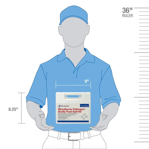 Illustration of OSHA Compliant All In One Bloodborne Pathogen Cleanup Kit With 23 Pieces In Plastic Case, size comparison with person.