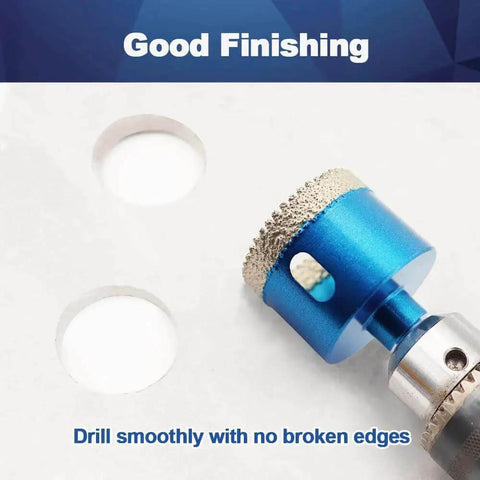 Two Piece Dry Diamond Core Drill Bit Set Pro Grade For Porcelain Tile Ceramic Stone Granite Marble 1 Inch 25mm Diamond Hole Saw With Triangle Shank By BRSCHNITT showing drilled holes and tool