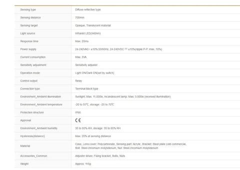 BX700-DFR Diffuse Reflective Photoelectric Sensor Pro Grade specifications table with sensing range, power supply, and material details