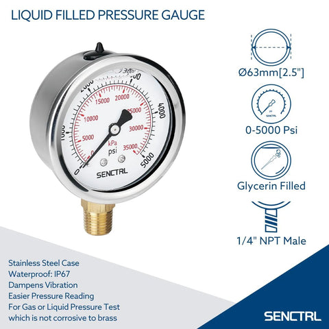 SENCTRL glycerin-filled hydraulic pressure gauge, front view, 2.5 in dial, 1/4 in NPT, stainless steel, 0–5000 psi