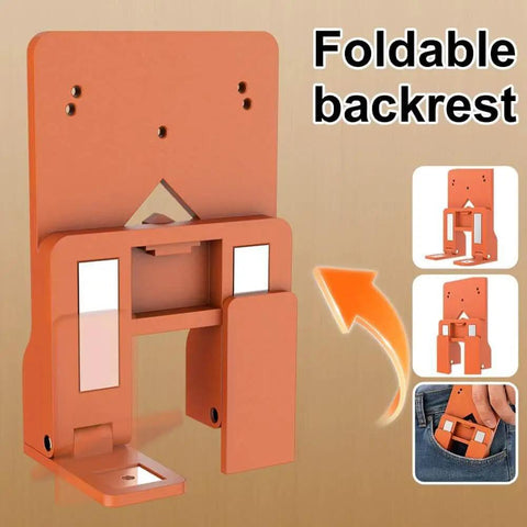 Orange foldable backrest with compact design, fold positions, and portable use shown in a back pocket.