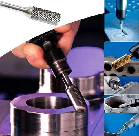 Beefy Carbide Burr Bit Tree Shape Double Cut 9/16 Inch Head 1/4 Inch Shank Rotary File for Die Grinders in use on metal surface