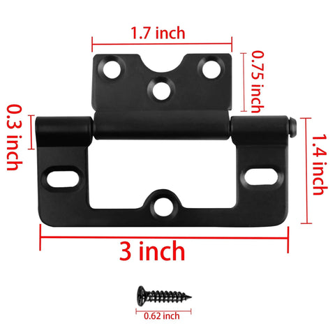 3 Inch Non Mortise Iron Door Hinges Heavy Duty Black Finish with mounting screw dimensions for barn doors, cabinets, garages.
