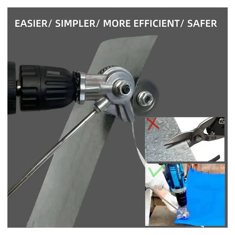 Plate Cutter Nibble Drill Attachment Workhorse cutting metal sheet with drill, showing efficiency and versatility in metal cutting