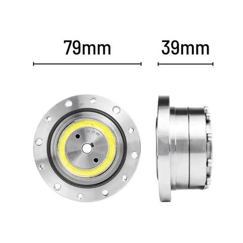 Front and side view of CS 17 II Harmonic Drive Strain Wave Gear Reducer, 79mm diameter, 39mm width, for automation and stepper motors.