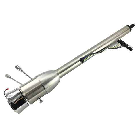 32 Inch Stainless Steel Tilt Steering Column With 9 Hole Wheel Adapter No Key; polished metal, wires visible