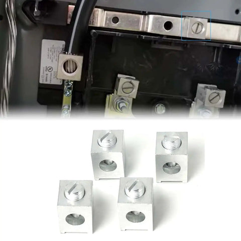 Neutral Lug Kit For Four To Two Zero Gauge Wires Aluminum Ground Lugs Set in use and close-up view of four-piece kit