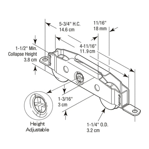 Diagram of Heavy Duty 304 Stainless Steel Patio Door Roller Assembly with 1-1/4 inch height adjustable wheels showing dimensions.