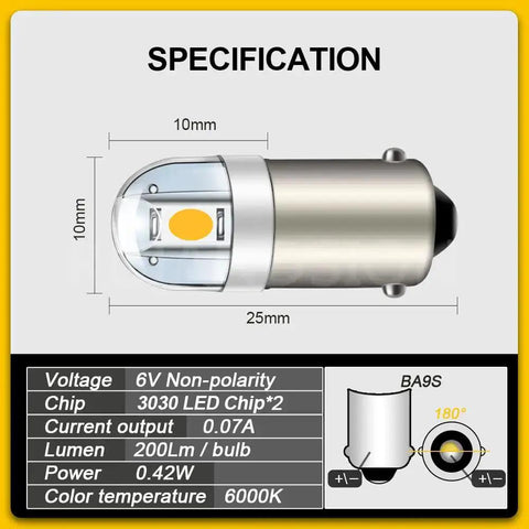 Diagram of 4 Pack 6V Warm White BA9S LED Bulbs, ideal for pinball machines and classic car interior; 200 lumens, fits BA9S sockets