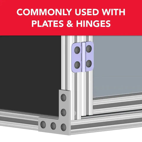 Slide In M8 T Nuts For 1.5 Inch, 40mm And 45mm Aluminum Extrusions, Steel ST50 With Zinc Finish, shown in frame assembly with plates and hinges
