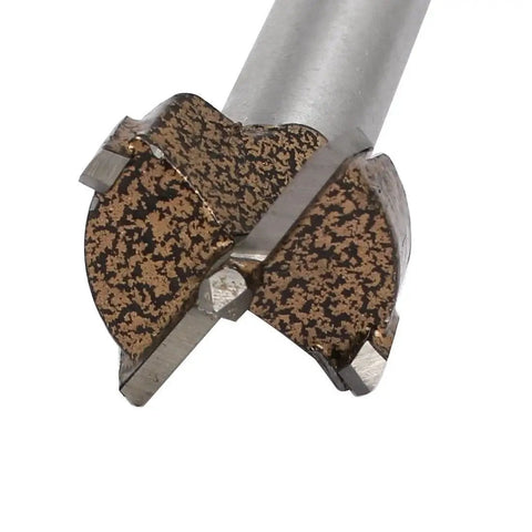 Close-up of High-Performance 21mm Precision Wood Boring Bit Jig for Hinge Drilling, showing abrasion-resistant alloy cutting edge.
