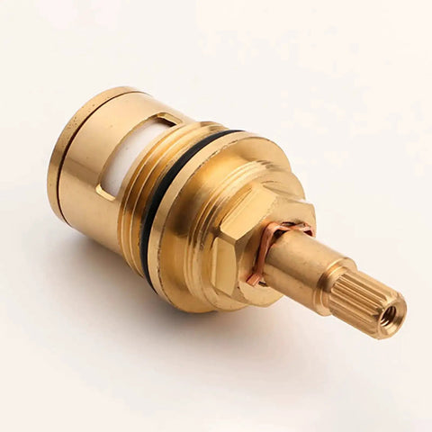 Replacement Faucet Cartridge With Ceramic Disc And Brass Body, Three Quarter Inch Thread, Quarter Turn, fits taps, red and blue indicator visible