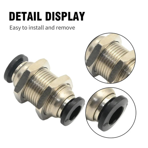 Brass bulkhead union fitting with push-on connectors, 6mm x 6mm tube OD, black O-ring seals for air and water systems