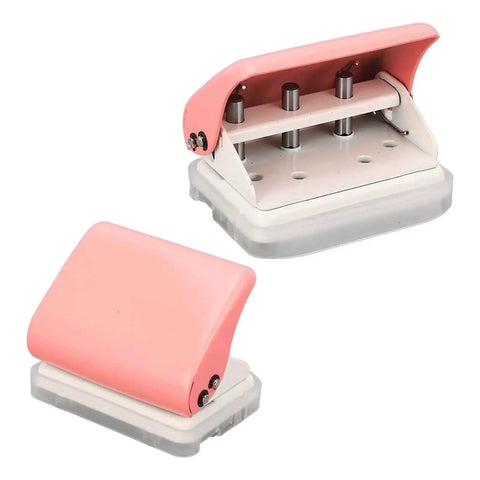 Front and side view of pink three hole punch handheld paper puncher with five sheet capacity and alignment posts for B5 A5 A4 A6 A7 sized papers.