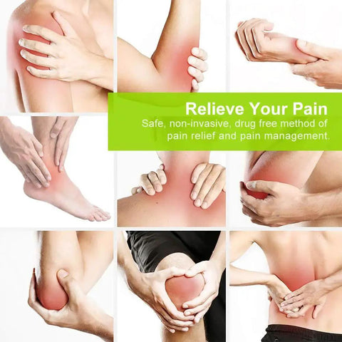 Collage of painful muscle and joint areas relieved by Rechargeable TENS Unit Muscle Stimulator With 24 Modes 4th Generation Pain Relief Device For At Home Comfort And Fast Relief Includes 8 Premium 2 By 2 Inch Electrode Pads And USB Charging Cable AUVON therapy device, featuring red highlighted areas to show targeted relief.