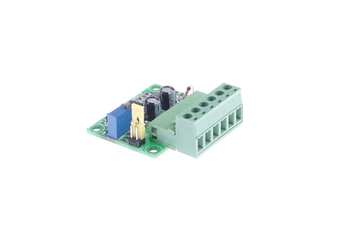 Side view of Plug and Play PWM to 0-10V Conversion Module for PLCs and Industrial Controls, showing terminals and electronic components.