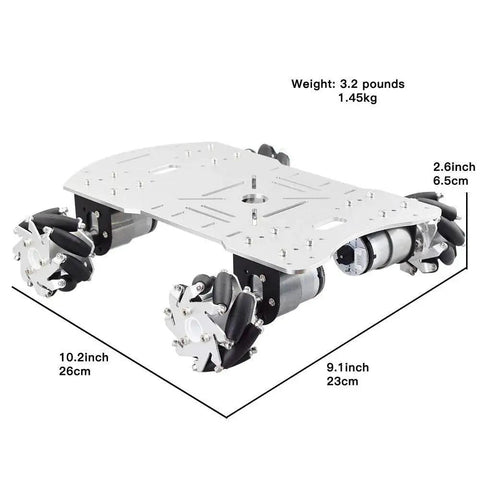 Mecanum Omni Wheel Robot Car Kit with 4X 12V 330RPM Motors and aluminum frame; dimensions 10.2x9.1x2.6 inches, 3.2 pounds