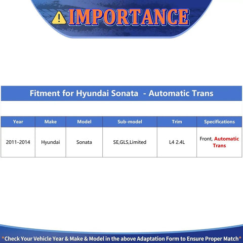 Fitment chart for Hyundai Sonata 2011-2014 models with automatic transmission, detailing year, make, model, and specifications.